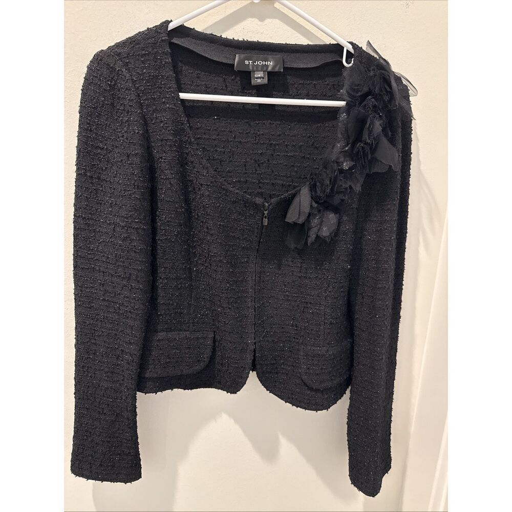 St.John Textured Black Tweed Blazer With Ruffled Floral Size 6